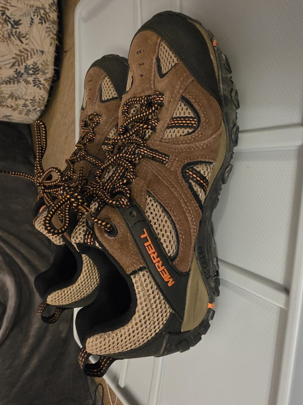 Merrell Brown and Orange Mesh Suede Trail Sneaker